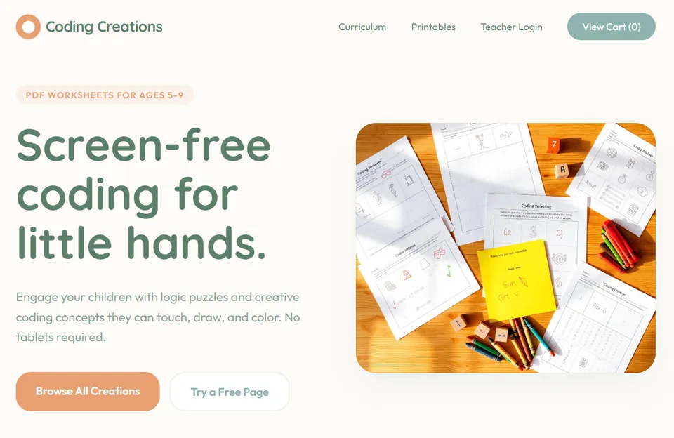 Coding Creations website preview showing a screen-free coding worksheets landing page with printable puzzle pages for kids