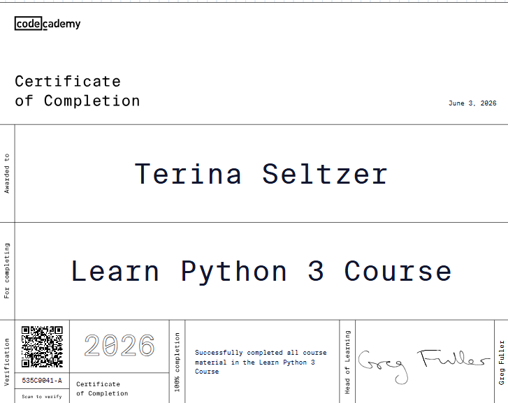 Codecademy certificate of completion for the Learn Python 3 course issued to Terina Seltzer