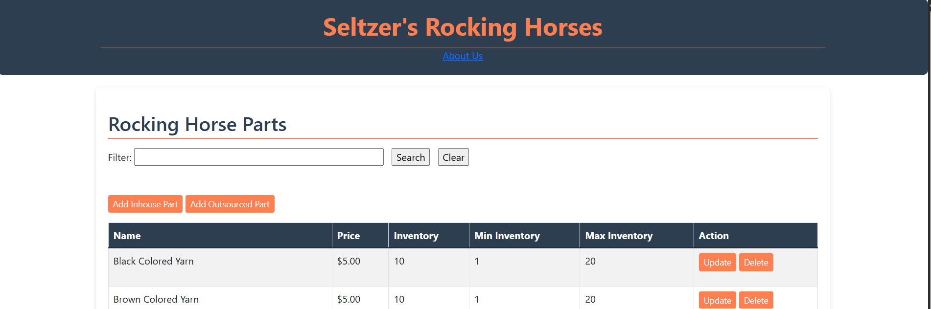 Seltzer's Rocking Horses Inventory System preview showing a Spring Boot inventory table for rocking horse parts