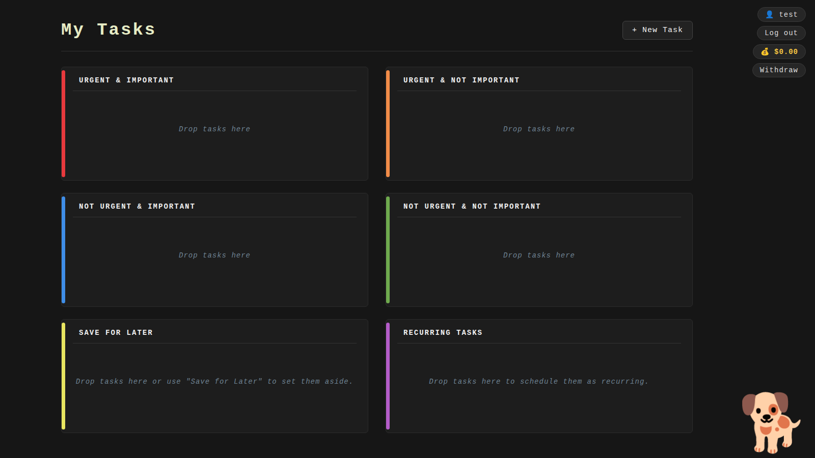 Task Manager application preview showing a dark-themed Eisenhower matrix board with color-coded quadrants for urgent and important tasks, save for later, and recurring tasks
