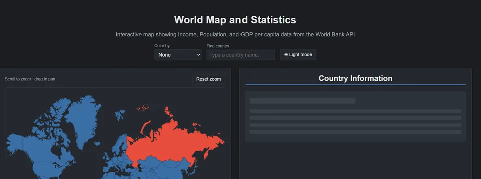 World Map and Statistics application preview showing an interactive map and country information panel